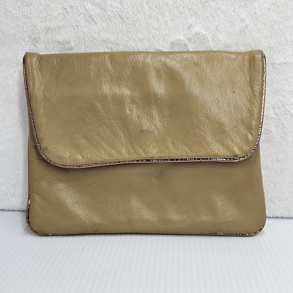 Antonia Designs Beige Leather Foldover Clutch Metallic Lining